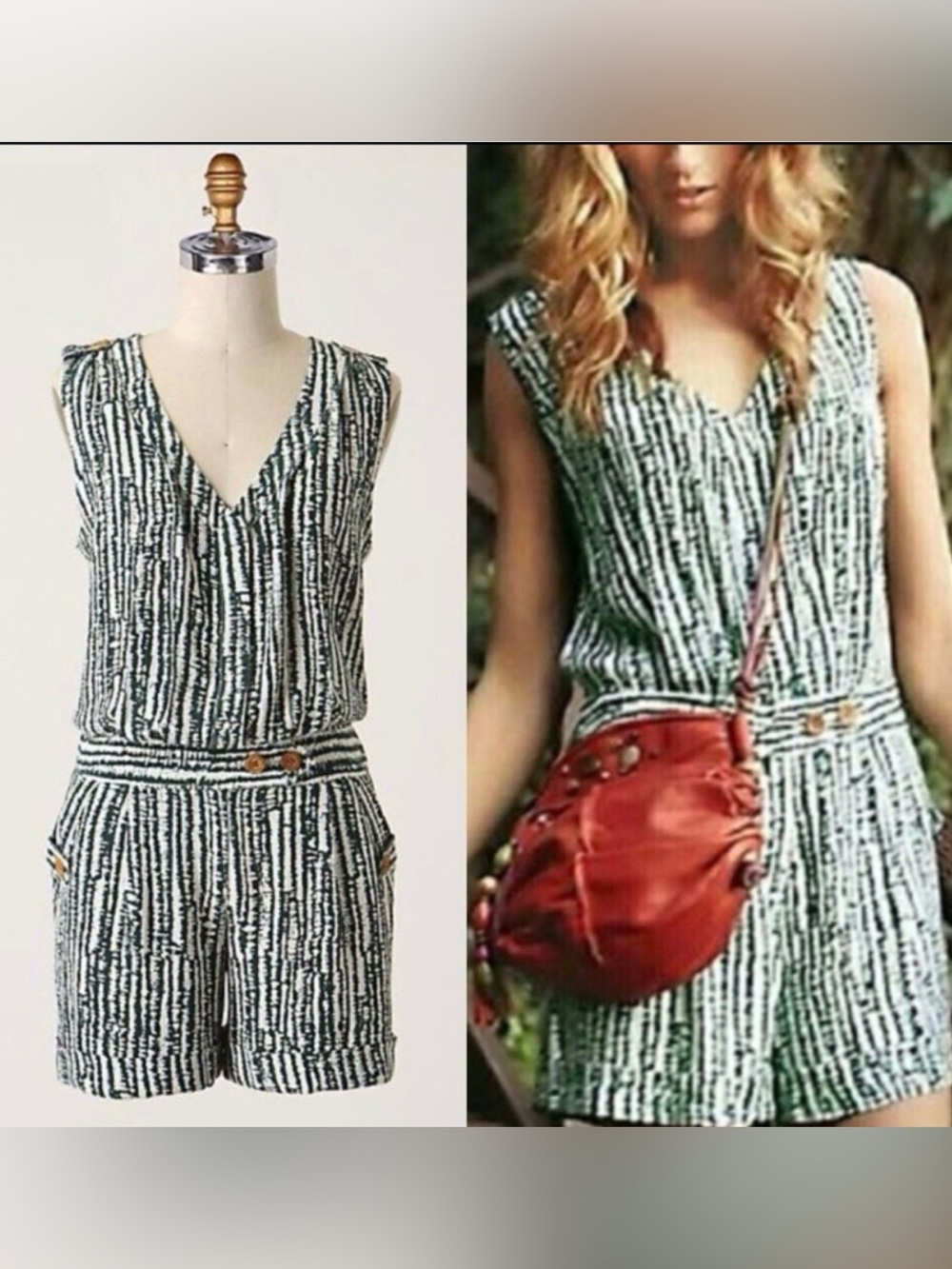 Anthropologie Ett Twa Green Striped Romper Woman's 6